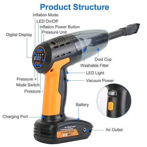 Drivaro 4 In 1 Cordless Car Vacuum and Tire Inflator with LED Light